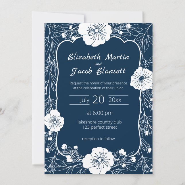Floral Line Art White and Blue Wedding Invitation (Front)