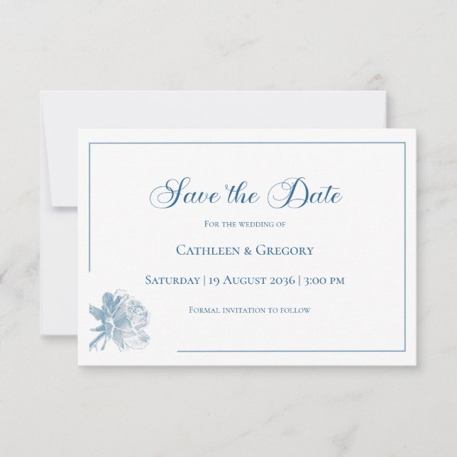 Floral Line Art White Dusty Blue Wedding  Save The Date (Front)