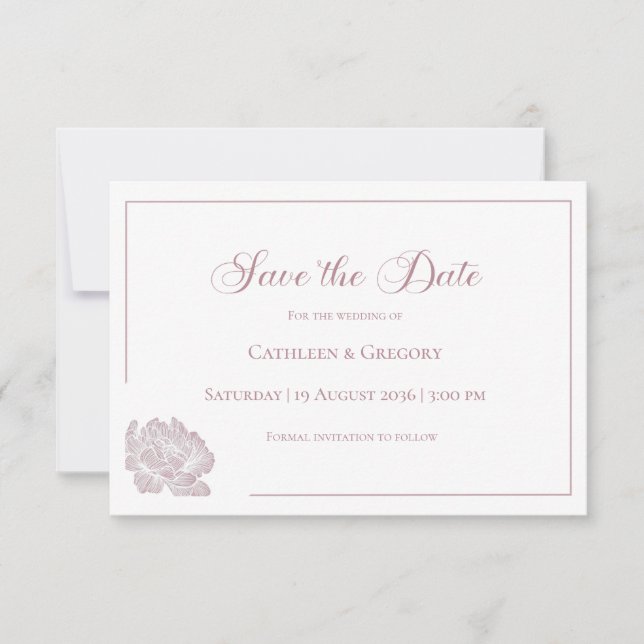 Floral Line Art White Dusty Rose Wedding  Save The Date (Front)