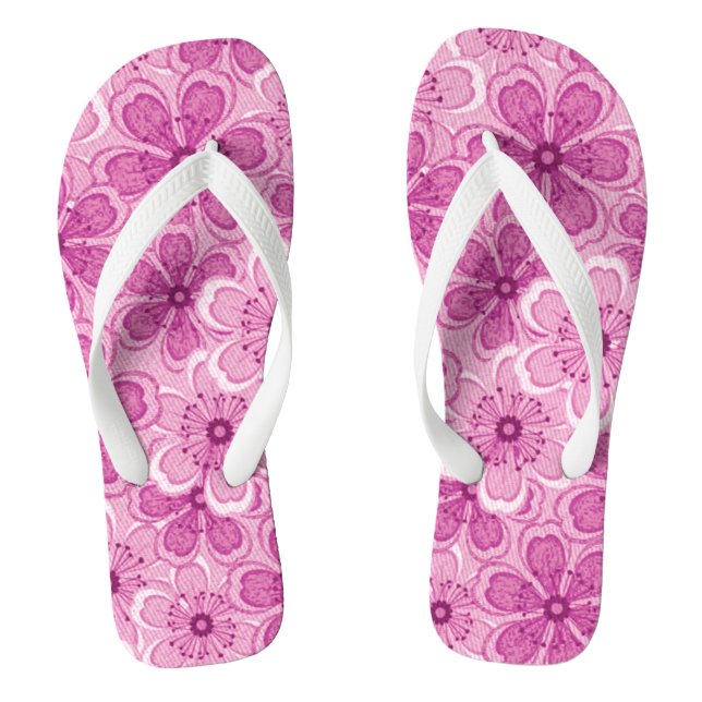 Floral Line Art White N Raspberry Pink Flip Flops (Footbed)