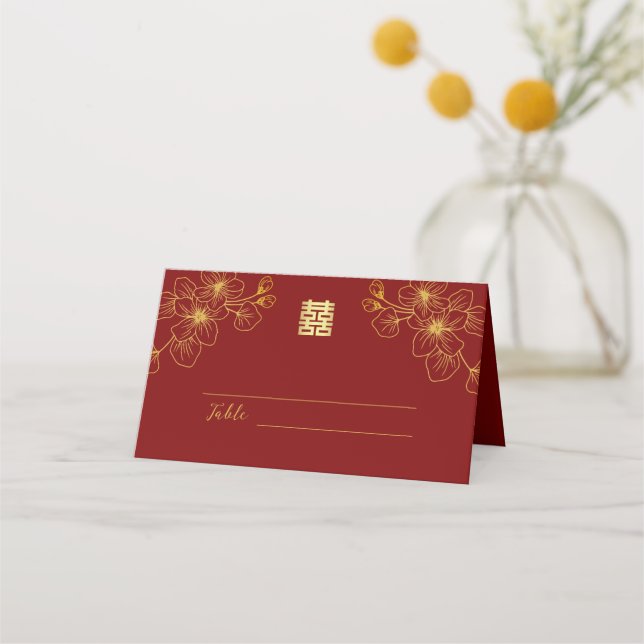 Floral line cherry blossom Chinese wedding red Place Card (Front)