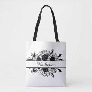Floral line drawing sunflowers personalised name tote bag