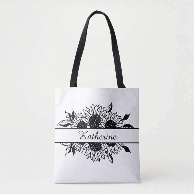 Floral line drawing sunflowers personalised name tote bag (Front)