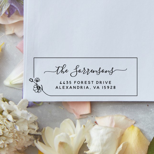 Floral Line Frame Custom Name & Return Address Rubber Stamp (Rubber Stamp Mock-up)