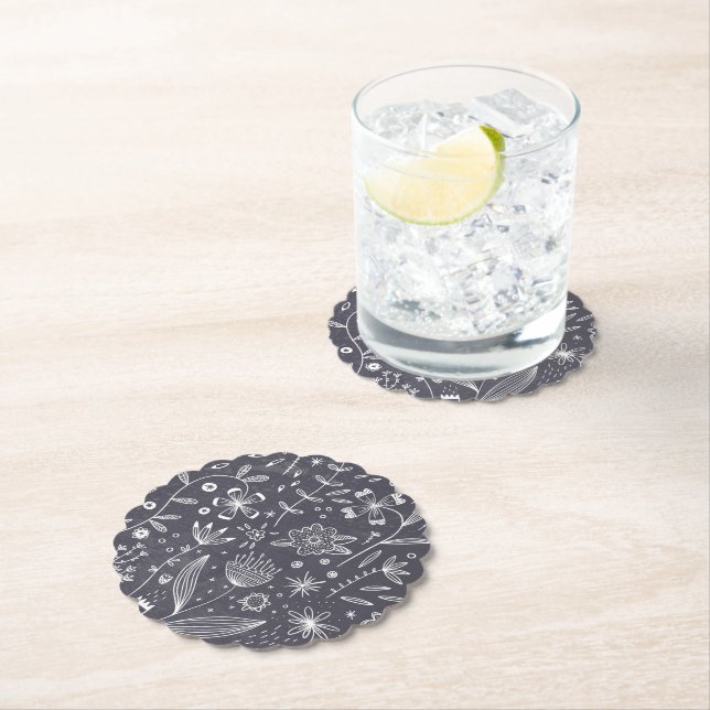 Floral Line Monochrome Paper Coaster (Insitu)