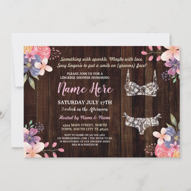 Floral Lingerie Shower Invite Bridal Party Wood (Front)