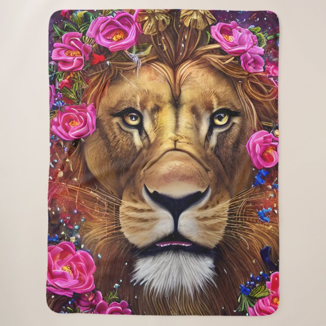 Floral Lion Head Sherpa Blanket (Front)