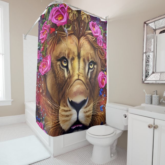 Floral Lion Head Shower Curtain (In Situ)