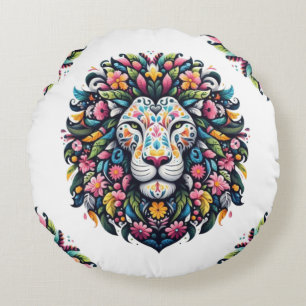 Floral Lion Silhouette Round Cushion
