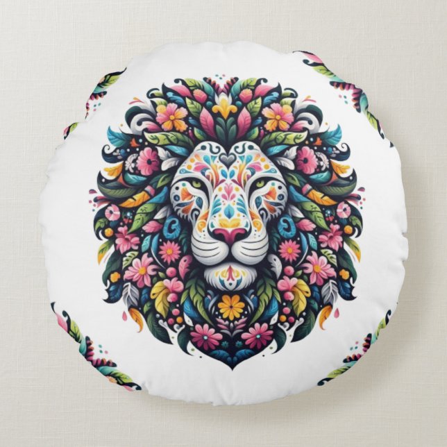 Floral Lion Silhouette Round Cushion (Front)