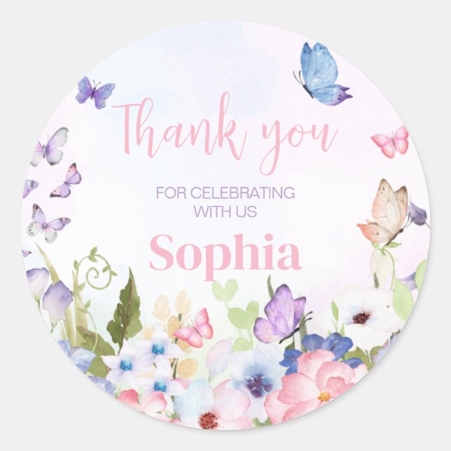 Floral Little Butterfly Birthday Party Classic Round Sticker (Front)