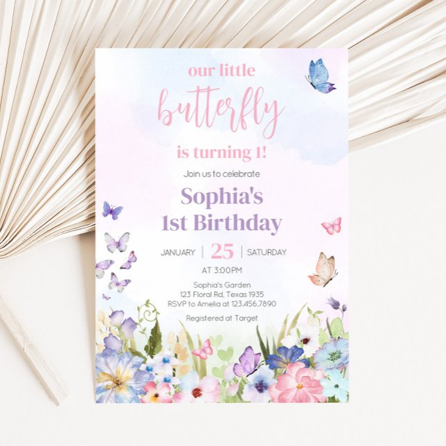 Floral Little Butterfly Birthday Party Invitation (Little Butterfly Floral Birthday Party)