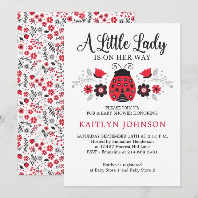 Floral Little Lady Ladybug Girl Baby Shower Invitation (Front/Back)