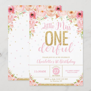 Floral Little Miss Onederful 1st Birthday Gold Invitation