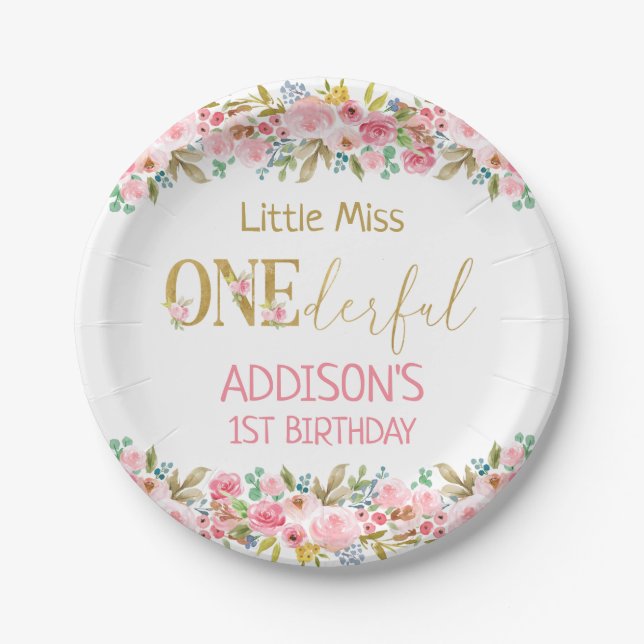 Floral Little Miss Onederful First Birthday  Paper Plate (Front)