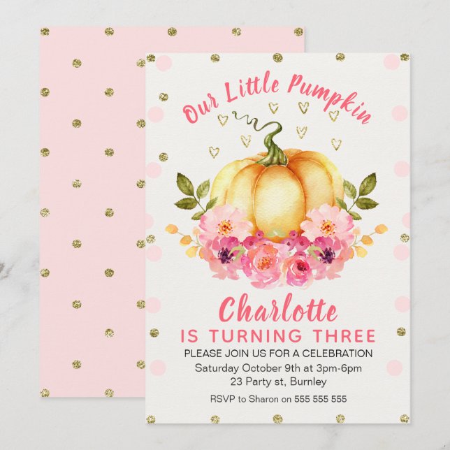 Floral Little Pumpkin Birthday Invitation (Front/Back)