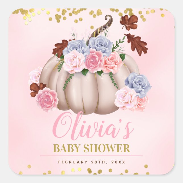 Floral Little Pumpkin Girl Baby Shower Square Sticker (Front)