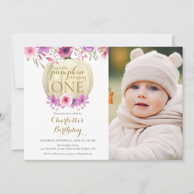 Floral Little Pumpkin Girls 1st Birthday Photo Invitation (Front)