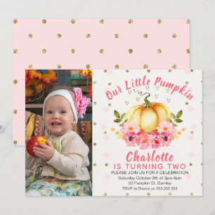 Floral Little Pumpkin Photo Birthday Invitation