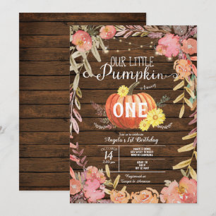 Floral Little Pumpkin Wood Fall 1st Birthday Invitation