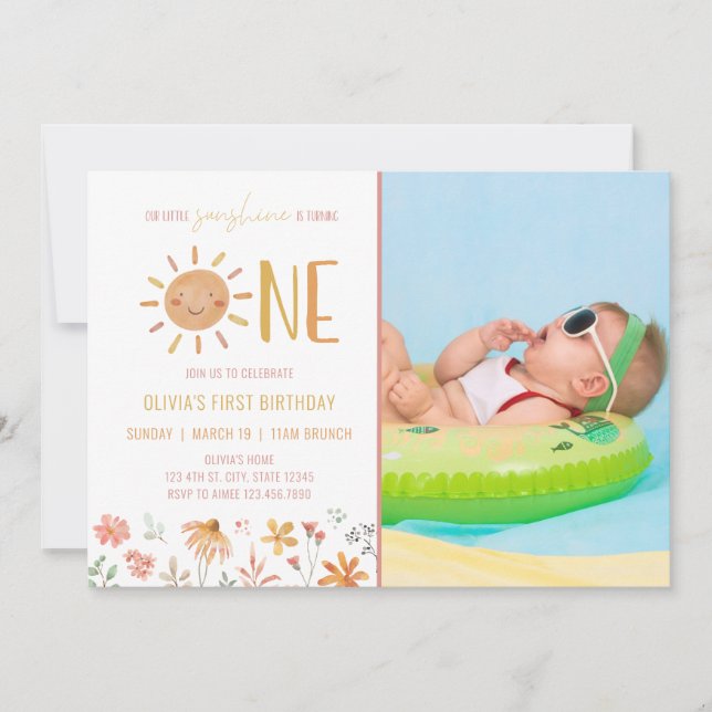 Floral Little Sunshine 1st Birthday Photo Invite (Front)