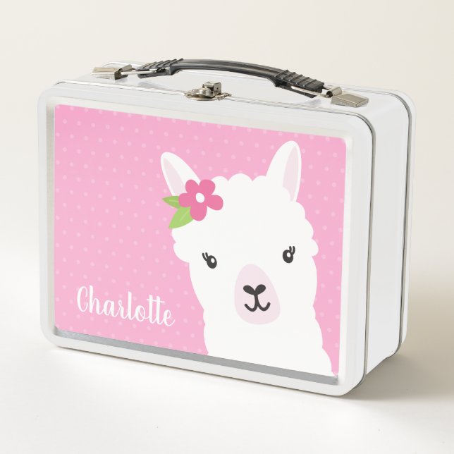 Floral Llama Alpaca Pink Personalised Girl Metal Lunch Box (Front)