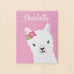 Floral Llama Alpaca Pink Personalised Kids Jigsaw Puzzle