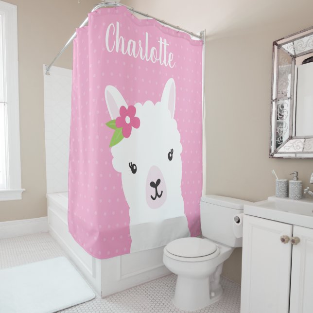 Floral Llama Alpaca Pink Personalised Kids Shower Curtain (In Situ)