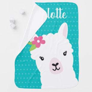 Floral Llama Alpaca Teal Personalised Girl Baby Blanket