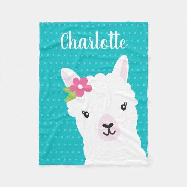 Floral Llama Alpaca Teal Personalised Girl Fleece Blanket (Front)