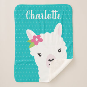 Floral Llama Alpaca Teal Personalised Girl Sherpa Blanket