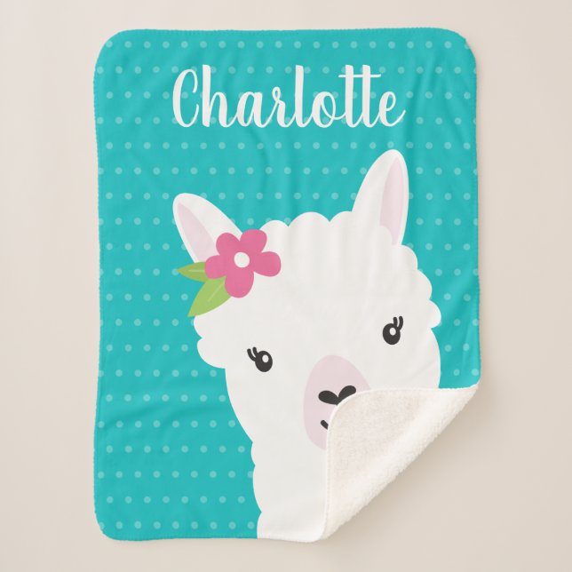 Floral Llama Alpaca Teal Personalised Girl Sherpa Blanket (Front)