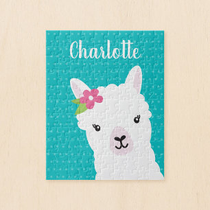 Floral Llama Alpaca Teal Personalised Kids Jigsaw Puzzle