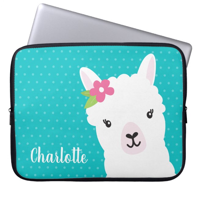 Floral Llama Alpaca Teal Personalised Laptop Sleeve (Front)
