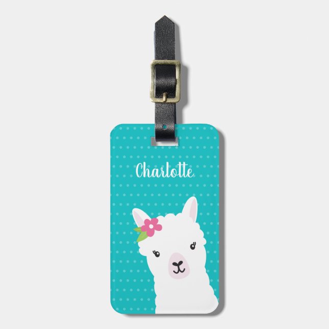 Floral Llama Alpaca Teal Personalised Luggage Tag (Front Vertical)