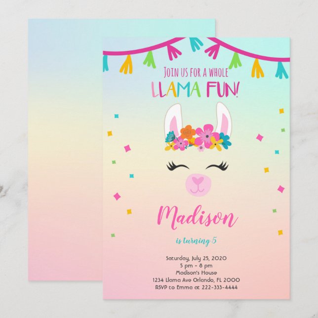 Floral Llama Birthday Invitation (Front/Back)