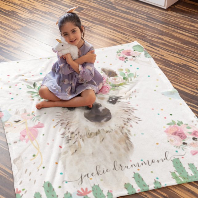 Floral Llama Face | Signature Monogram Fleece Blanket (Creator Uploaded)