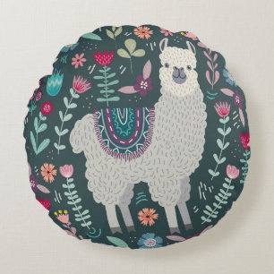 Floral Llama: Vintage Hand-Drawn Doodles Round Cushion