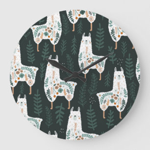 Floral Llamas Cute Vintage Texture Large Clock