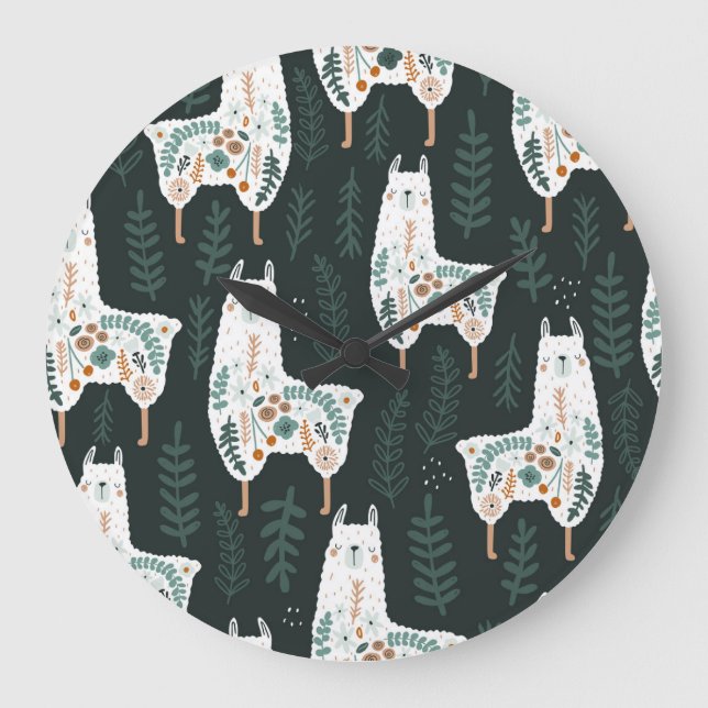 Floral Llamas Cute Vintage Texture Large Clock (Front)