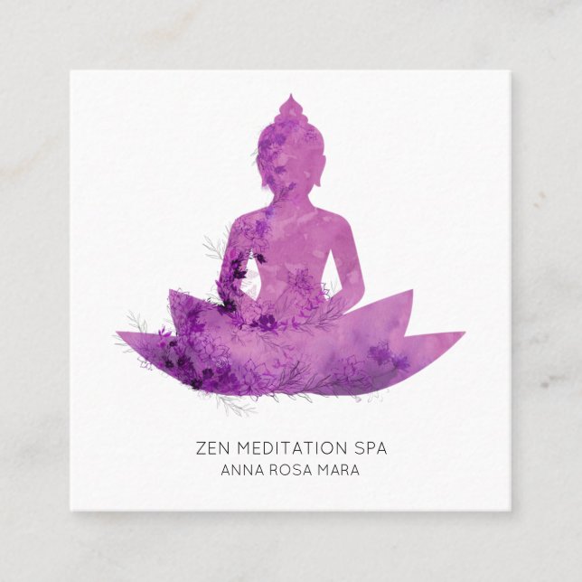 *~* Floral Lotus Buddha Meditation QR AP33 Magenta Square Business Card (Front)