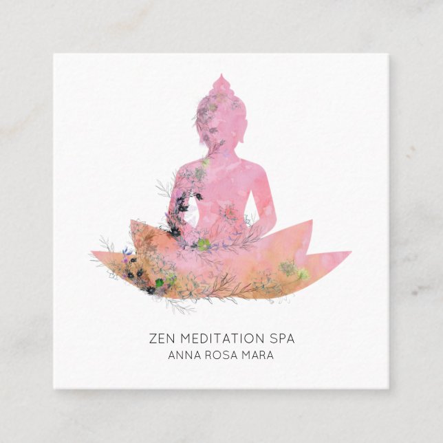 *~* Floral Lotus Buddha Meditation QR  AP33 Pink Square Business Card (Front)