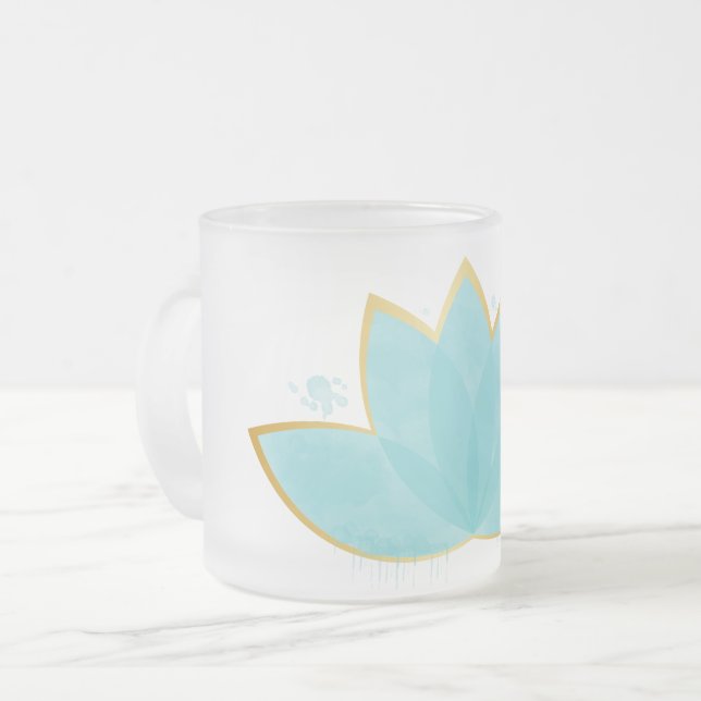 Floral Lotus Seafoam Blue & Faux Gold Frosted Glass Coffee Mug (Front Left)