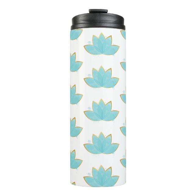 Floral Lotus Seafoam Blue & Faux Gold Thermal Tumbler (Front)