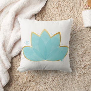 Floral Lotus Watercolor Seafoam Blue & Faux Gold Cushion