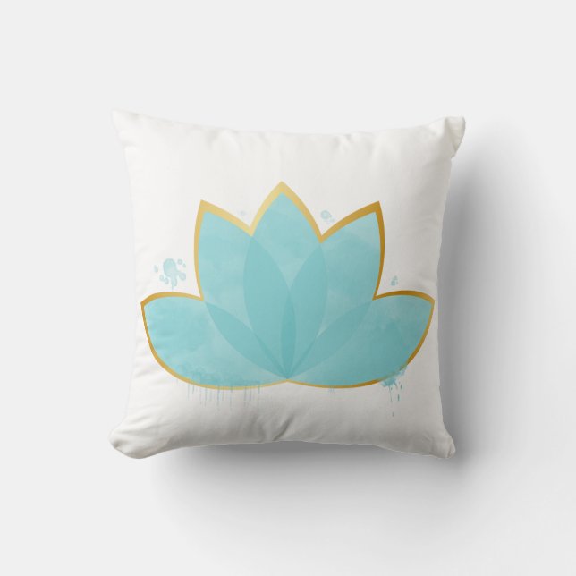 Floral Lotus Watercolor Seafoam Blue & Faux Gold Cushion (Front)