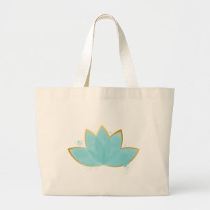 Floral Lotus Watercolor Seafoam Blue & Faux Gold Large Tote Bag