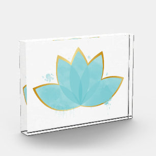 Floral Lotus Watercolor Seafoam Blue & Faux Gold Photo Block