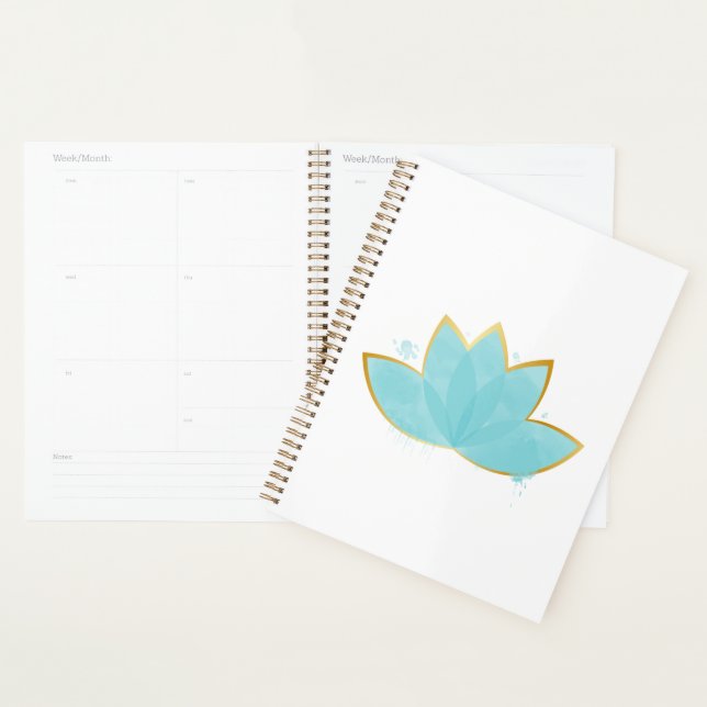 Floral Lotus Watercolor Seafoam Blue & Faux Gold Planner (Display)