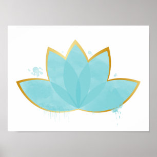Floral Lotus Watercolor Seafoam Blue & Faux Gold Poster